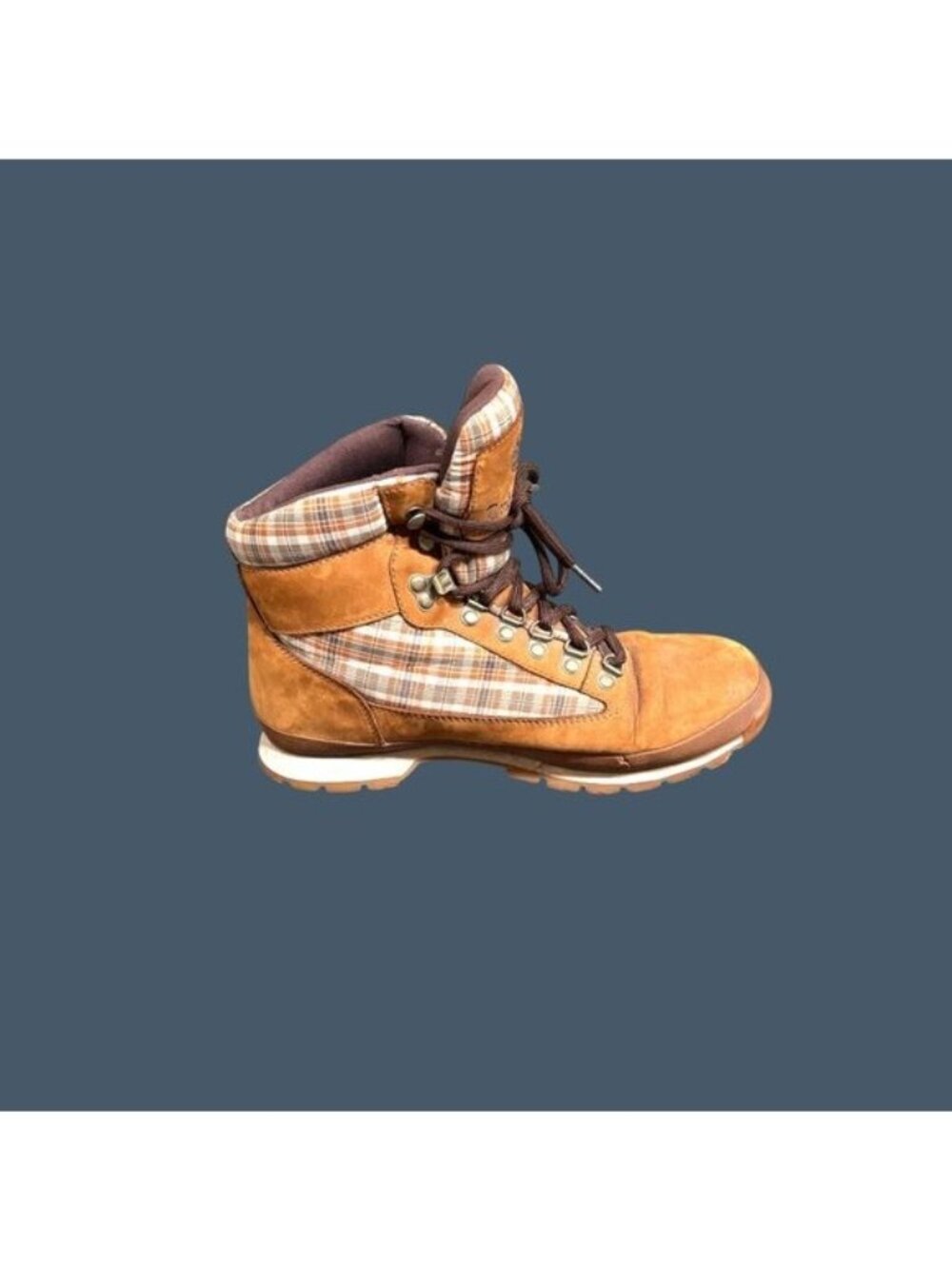 Timberland Brown Plaid Collar Hiking Boots Men’s 10M Leather Outdoor